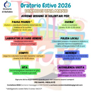 Oratorio Estivo 2026 a Ballabio: abbiamo bisogno di te!